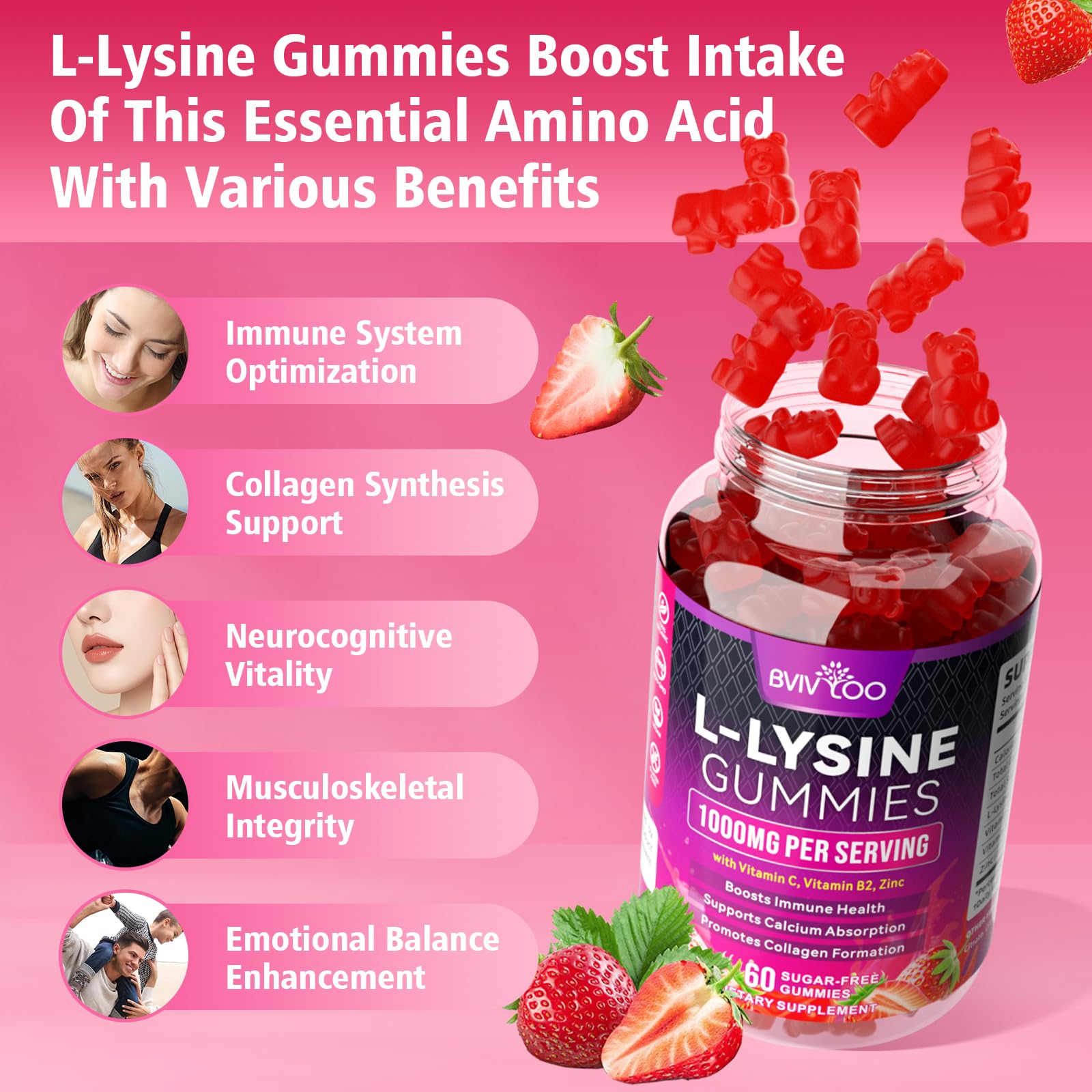BVIVLOO L-Lysine 1000mg Gummies for Immune Support & Skin Health - High Potency Vegan Gummies, Sugar-Free, Natural Berry Flavor, Gluten-Free Chewable Supplement