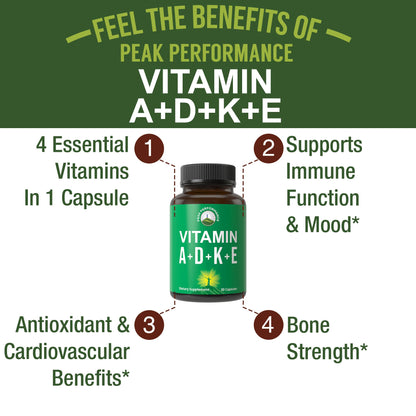 Peak Performance Vitamins D 5,000 iu + A + K + E All in 1 Easy to Swallow Vegan Capsule. ADK Vitamin Supplement with E D3 K2. Essential Vitamins for Mood