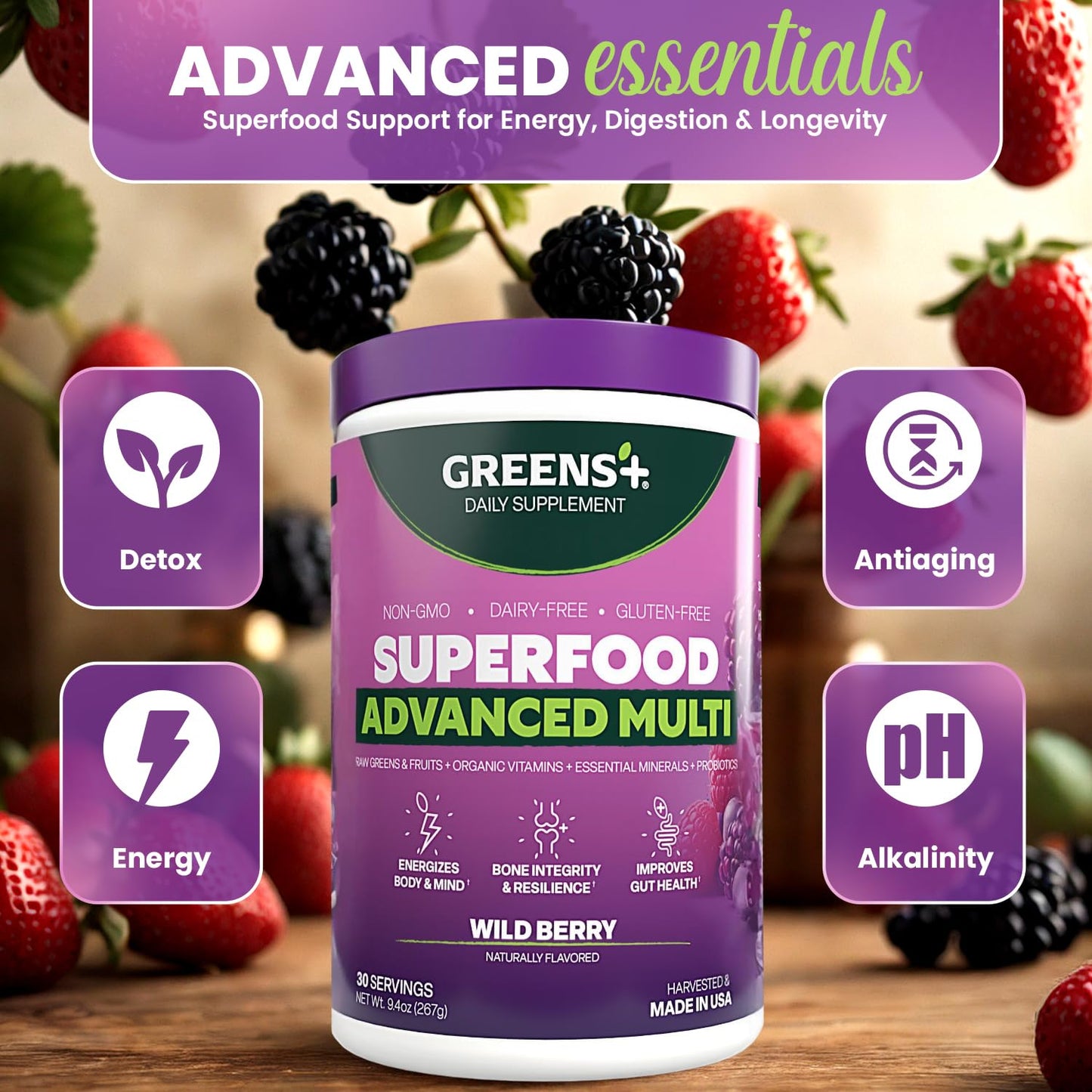 Greens+ Advanced Multi Wild Berry Superfood Powder, Organic Blend, Vegan, Non-GMO, Soy-Free, Dairy-Free, Gluten-Free, Dietary Supplement with Vitamins & Minerals, 9.4 oz Greens+ buy supplements Au