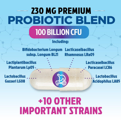 Probiotics for Digestive Gut Health - 100 Billion CFU Per Capsule, 16 Premium Strains & Prebiotics - Best Probiotics for Women & Men, Occasional Constipation