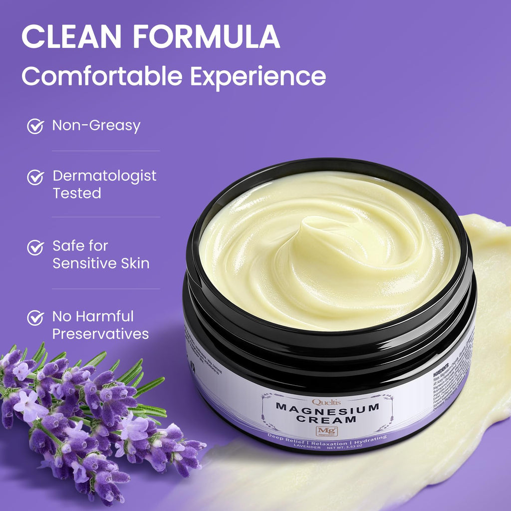 QUELTIS Magnesium Cream, Magnesium Lotion for Sleep, Pain & Leg Cramps, Topical Magnesium Chloride Cream for Muscle Relaxation, Calm, Moisturizing