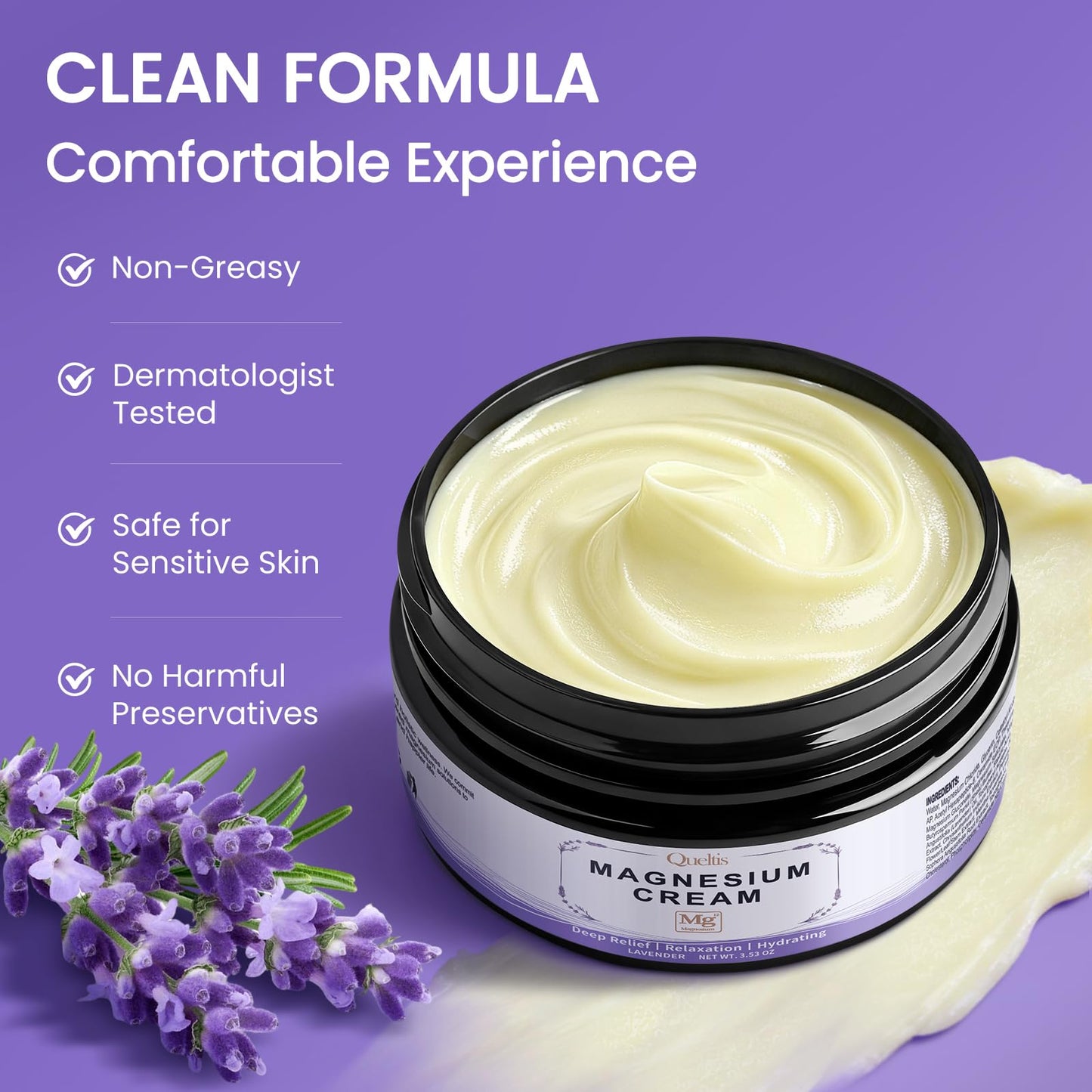 QUELTIS Magnesium Cream, Magnesium Lotion for Sleep, Pain & Leg Cramps, Topical Magnesium Chloride Cream for Muscle Relaxation, Calm, Moisturizing