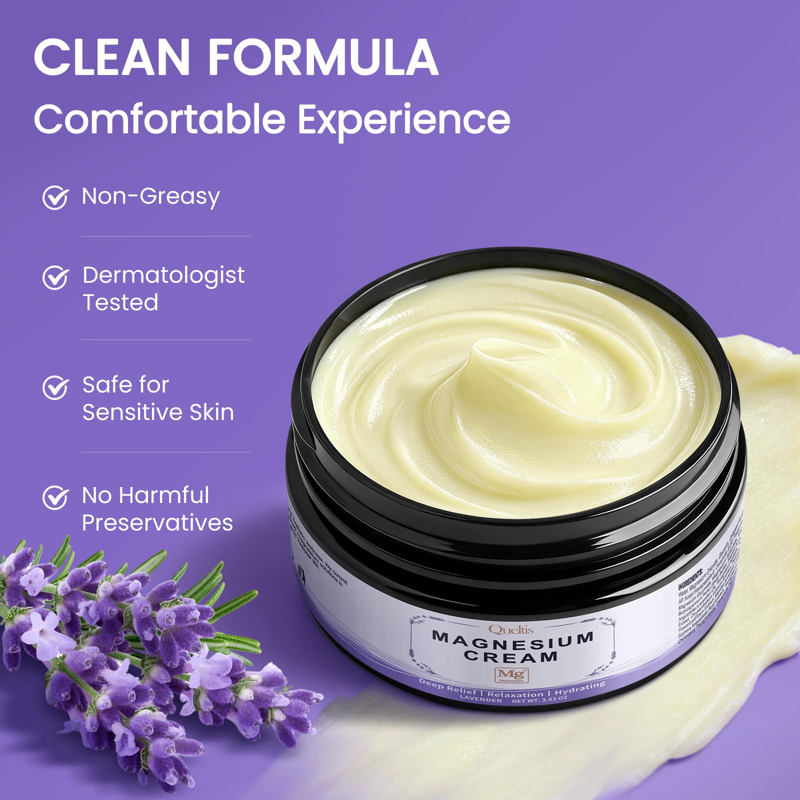 QUELTIS Magnesium Cream, Magnesium Lotion for Sleep, Pain & Leg Cramps, Topical Magnesium Chloride Cream for Muscle Relaxation, Calm, Moisturizing