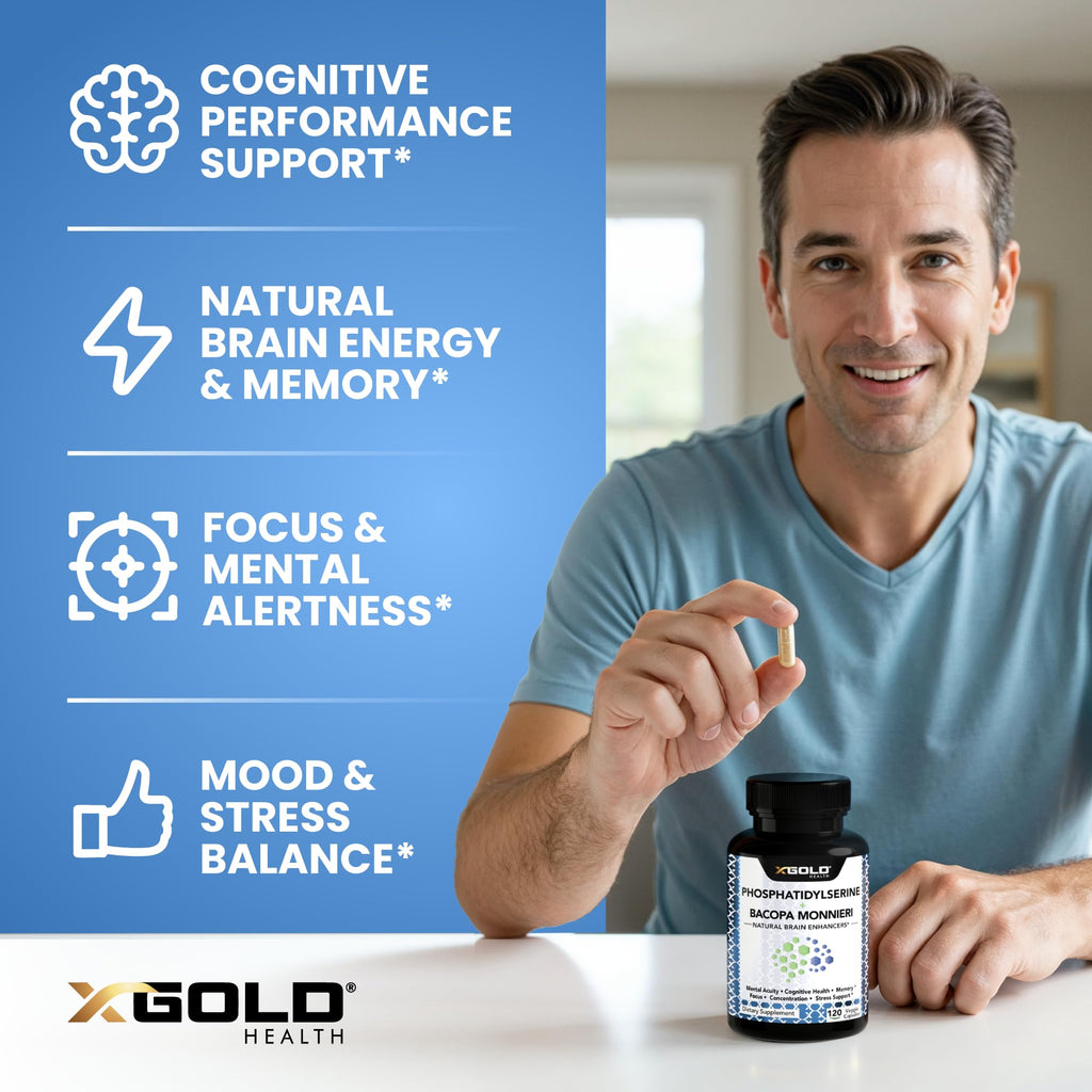 PhosphatidylSerine & Bacopa Monnieri 800 mg 2 in 1 Supplement - Natural Brain Enhancer/Nootropic for Enhanced Focus and Concentration, Memory Support, & Cognitive Function - 120 Vegetarian Capsules X Gold HealthBuy Supplements Australia