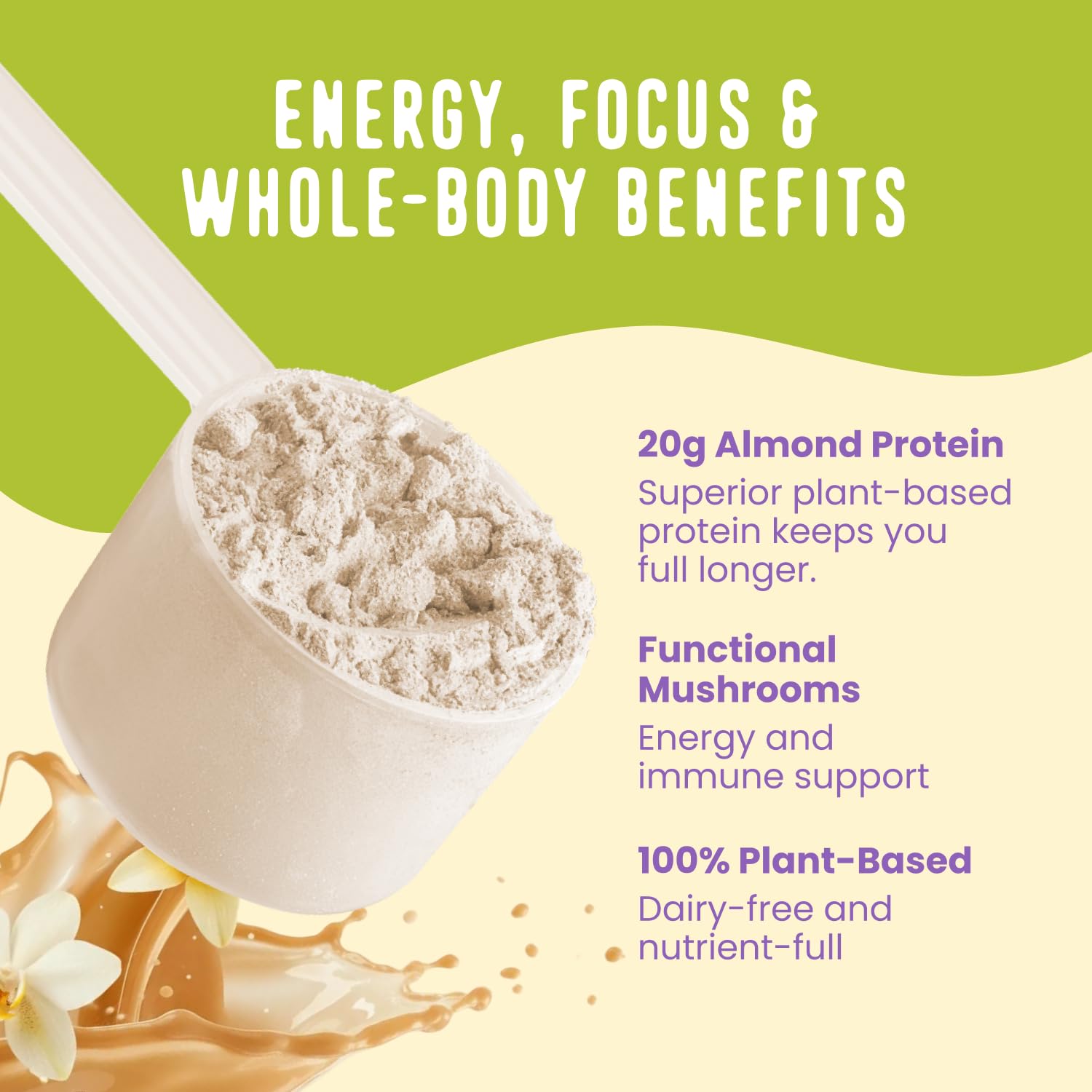 FlavCity Vegan Almond Protein Shake Powder, Vanilla Cream + Reishi & Cordyceps Mushrooms - Focus, Skin, Hair & Joint Support - Organic Fruit All in One Smoothie On-the-Go, 20 Servings