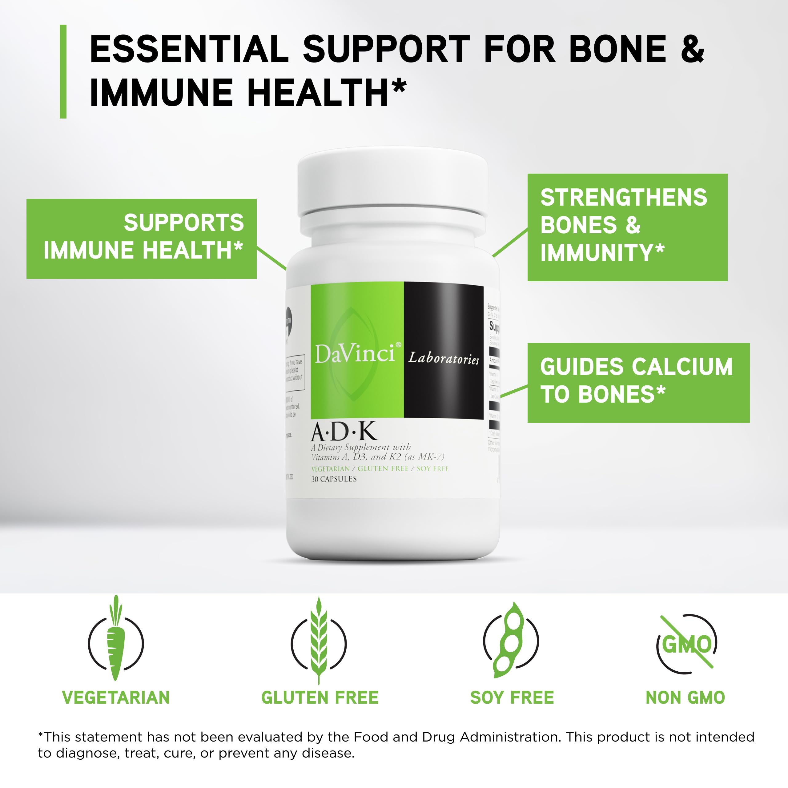 DAVINCI Labs ADK - Helps Support Bone, Heart & Immune Health - Dietary Supplement with Vitamins A, D3 & K2 (as MK-7) - Vegetarian