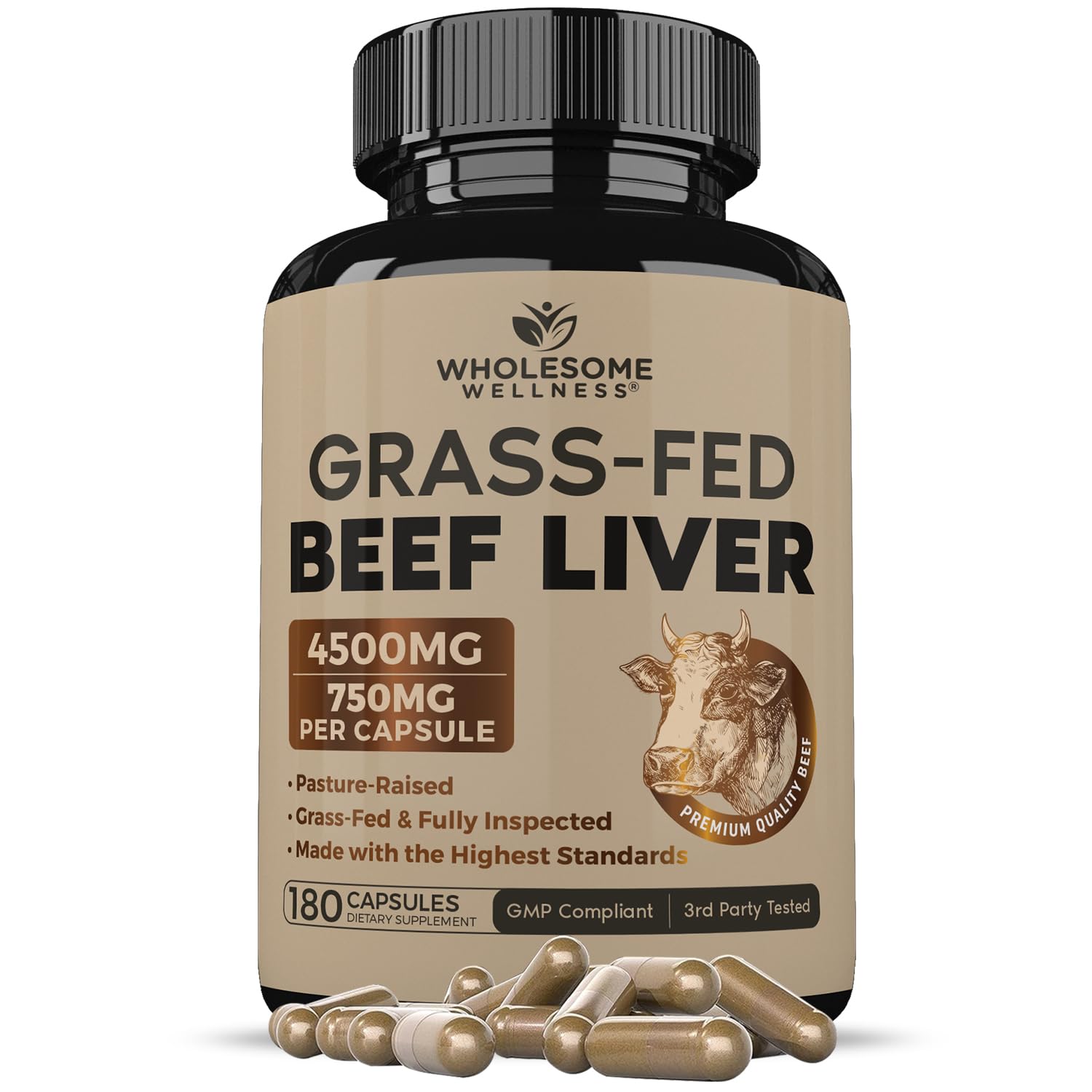 Wholesome Wellness Grass Fed Desiccated Beef Liver Capsules (180 Pills, 750mg Each) - Natural Iron, Vitamin A, B12 for Energy - Raised Undefatted in New Zealand