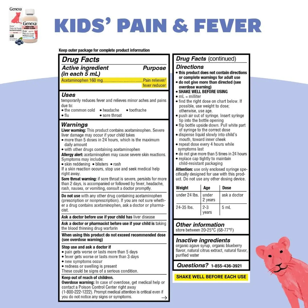 Genexa Kids' Clean Pain & Fever Acetaminophen Bundle | Relieves Fever & Minor Aches and Pain | Dye Free, 0% Artificial Additives | Chewable Tablets & Liquid Oral Suspension for Children Aged 2-11 GenexaBuy Supplements Australia