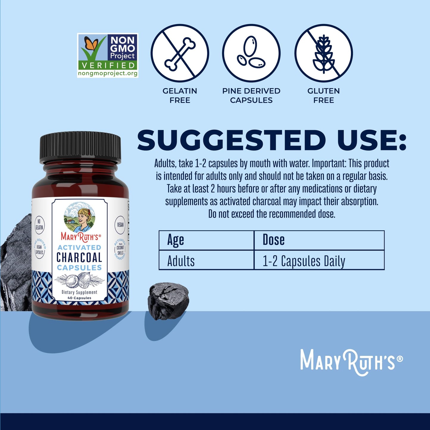 MARYRUTH'S Organics Activated Charcoal Capsules | Substance Adsorption | Derived from Coconut Shells | Vegan Capsules from Pine Trees