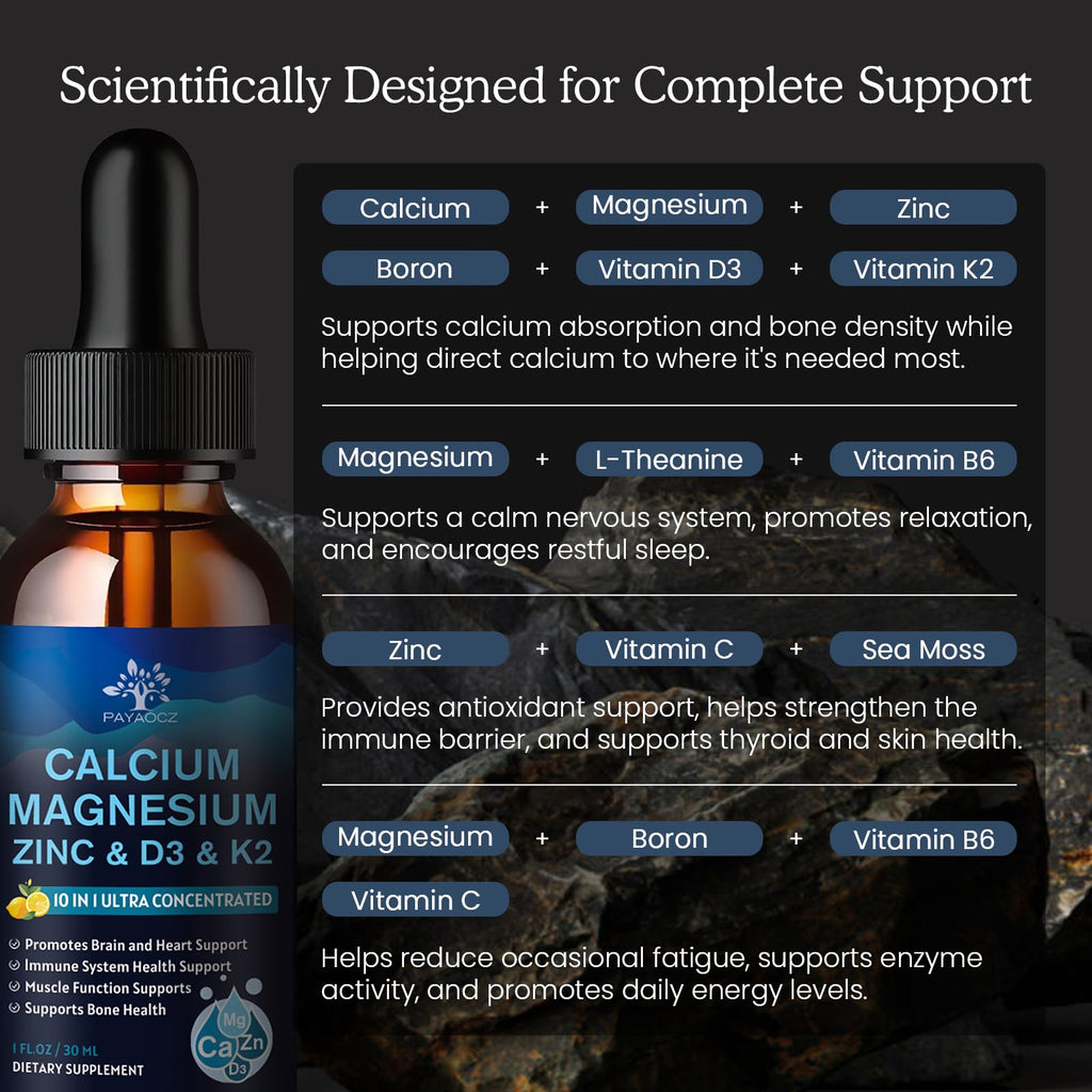 (2 Pack) 10 in 1 Magnesium Calcium Zinc Supplement with Vitamin C D3 K2, Glycinate Mag Vegan Liquid Drops Plus L-Theanine Boron Sea Moss Extract, Immune Support