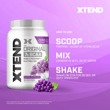 Xtend Original BCAA Powder, 7g BCAAs and 2.5g L-Glutamine for Muscle Recovery Hydration and Lean Muscle, Sugar Free Intra and Post Workout Drink with Electrolytes, Glacial Grape, 90 Servings Xtend buy supplements Au