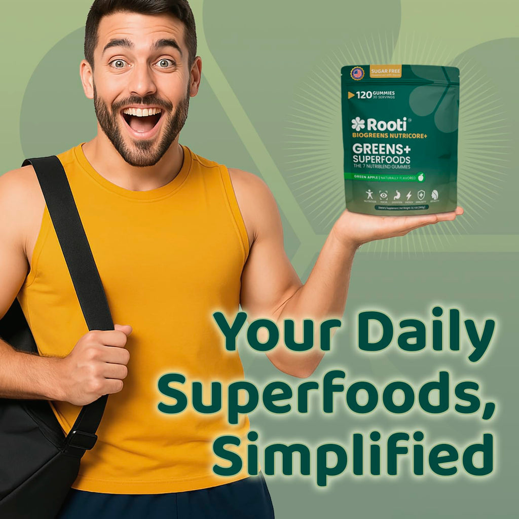 ROOTI Greens + Superfoods Gummies for Adults – 7-in-1 Whole Food Supplement, Spirulina, Lion’s Mane, Probiotics, Fiber & Digestive Enzymes Vegan, Sugar-Free,