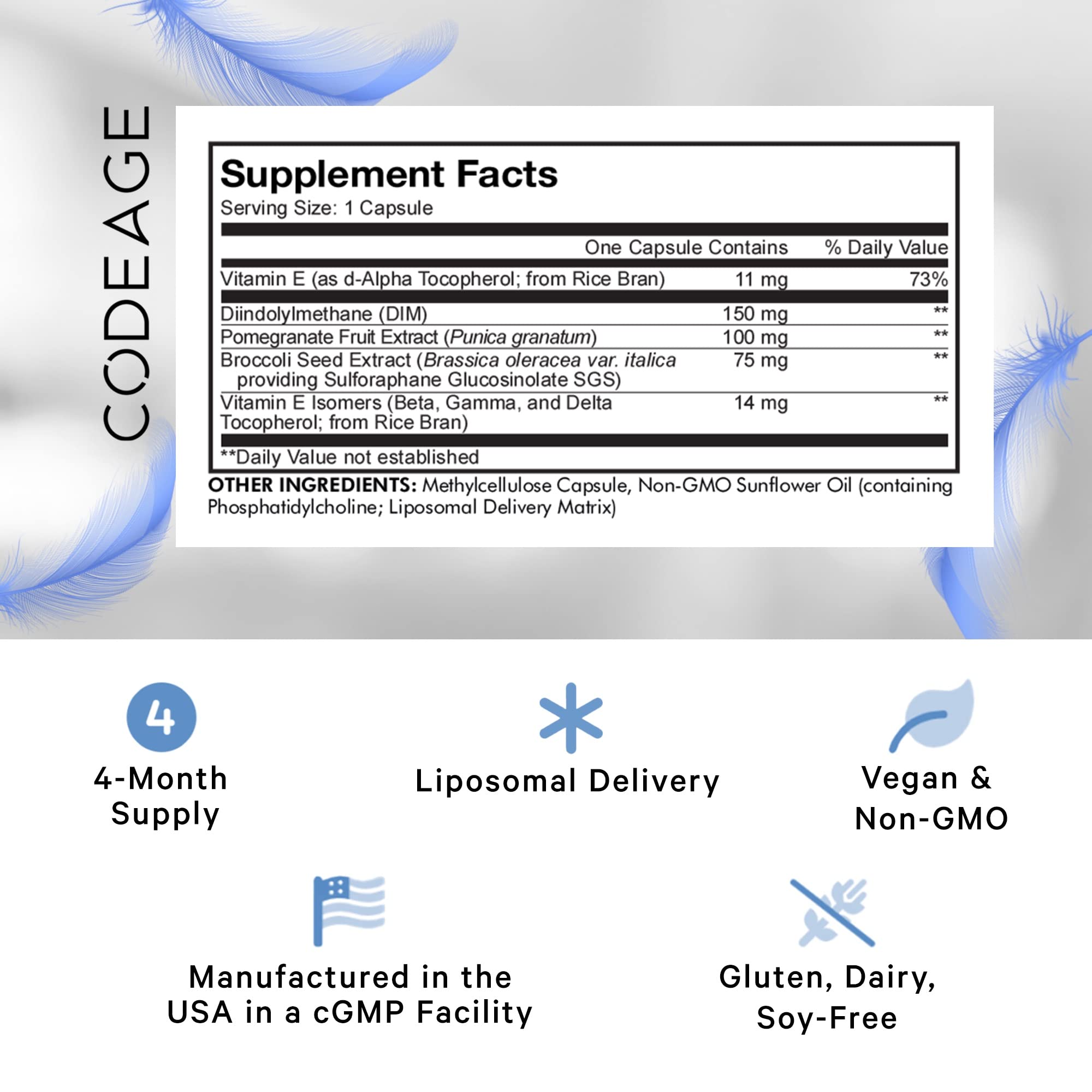 Codeage Liposomal DIM Supplement - 4 Months Supply of DIM Vitamins and SGS, Pomegranate, Broccoli, Vitamin E Isomers Tocopherols Alpha Beta Gamma Delta - Liposomal Formula - Gluten-Free - 120 Capsules CodeageBuy Supplements Australia