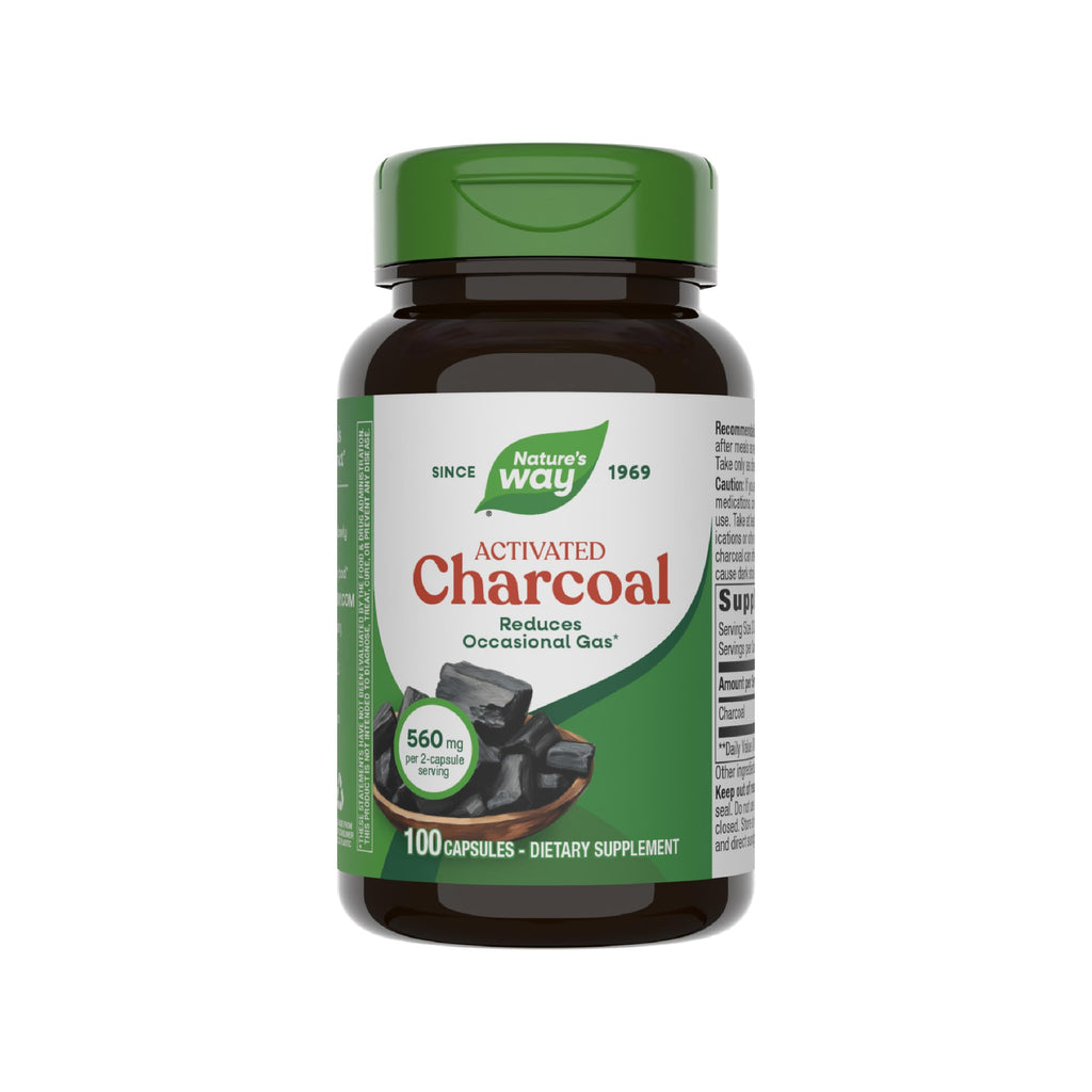 Nature's Way Activated Charcoal, Binds Unwanted Materials and Gas in the Digestive Tract*, 560 mg per 2-Capsule Serving,