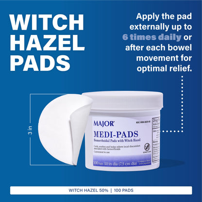 MAJOR Medi-Pads - Hemorrhoidal Hygienic Cleansing Witch Hazel Pads - Cooling Relief with Aloe - 100 Count Jar (1 Pack) MAJORBuy Supplements Australia