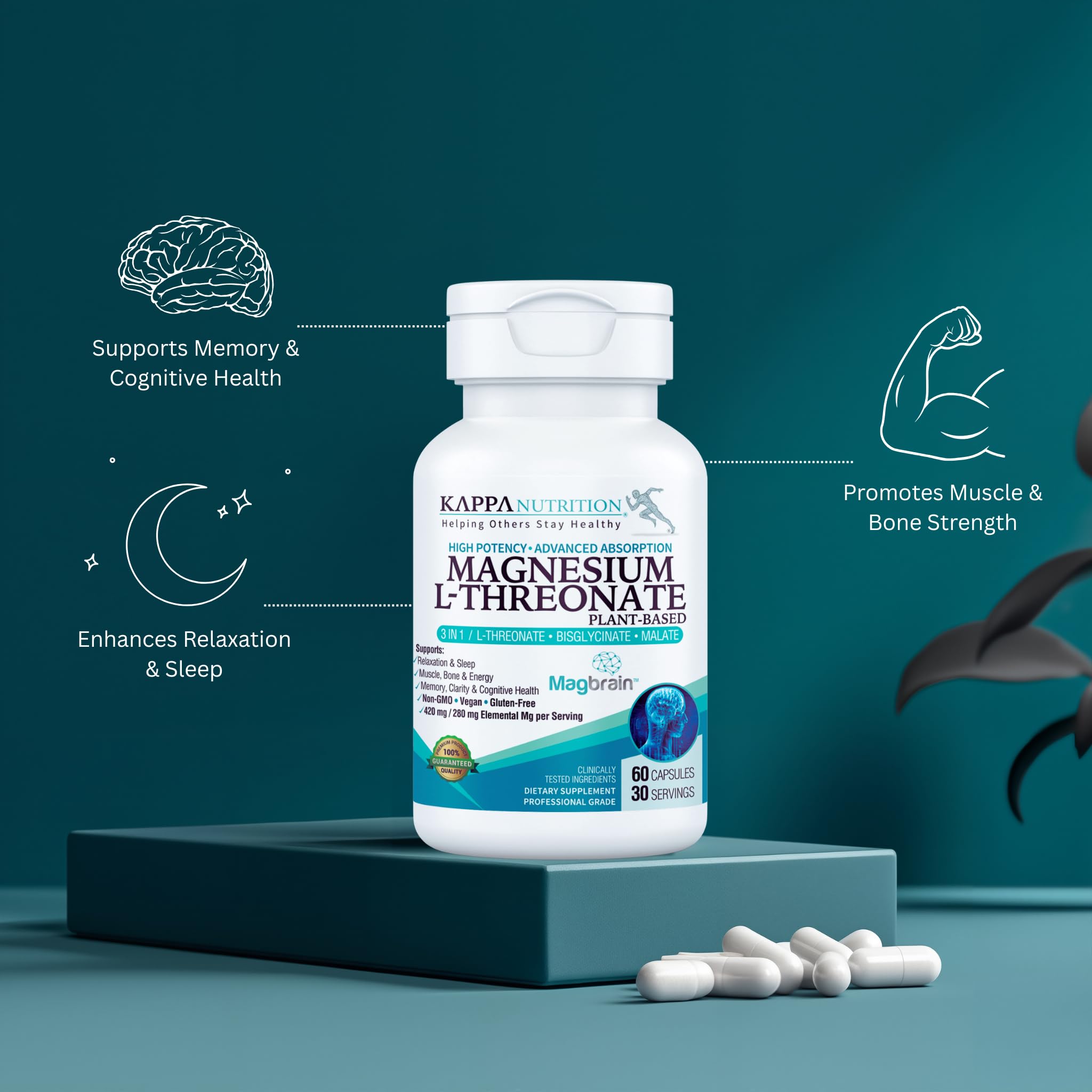 Kappa Nutrition Powered by Magbrain™ Magnesium L-Threonate Plant-Based, 60 Vegan Capsules, 420mg Elemental Magnesium (3 Capsules) from 2,253mg, Brain, Sleep & Muscle Support. KAPPA NUTRITIONBuy Supplements Australia