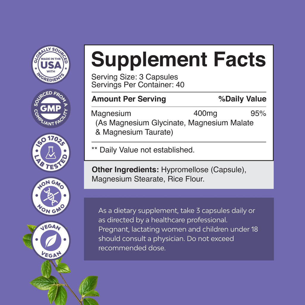 Triple Magnesium Complex Supplement - High Absorption Magnesium Glycinate, Malate & Taurate Blend for Muscles, Energy Support & Heart Health - Triple Mg Complex 400 mg Capsules - 120 Count Natures Craft buy supplements Au