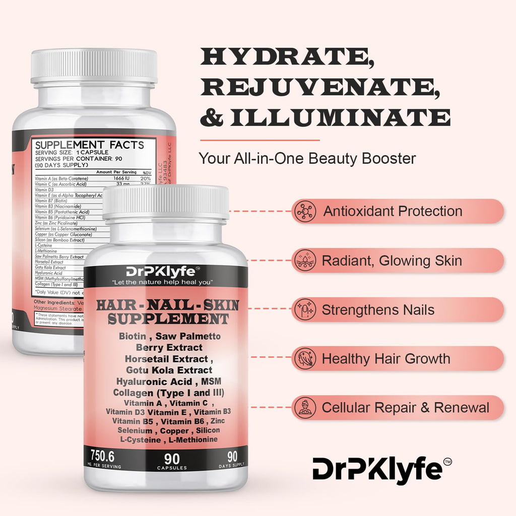DrPKLyfe Hair, Nail and Skin Supplement Capsules:Biotin, Collagen, Collagen Peptides, Acid Hyaluronic, Biotin, Vitamin A, C, B5, B6 Saw Palmetto & More - 90 Capsules. DrPKLyfeBuy Supplements Australia