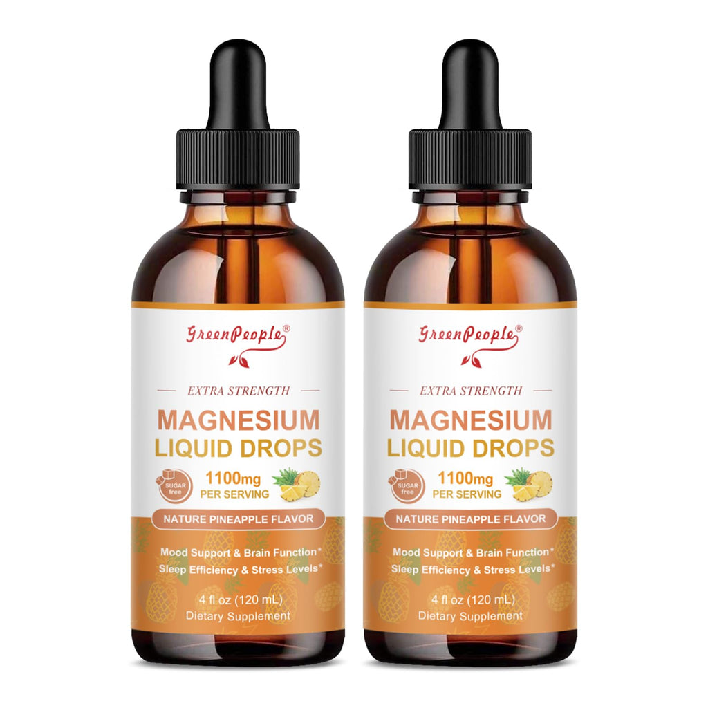 Two bottles of Green People magnesium liquid drops on a white background