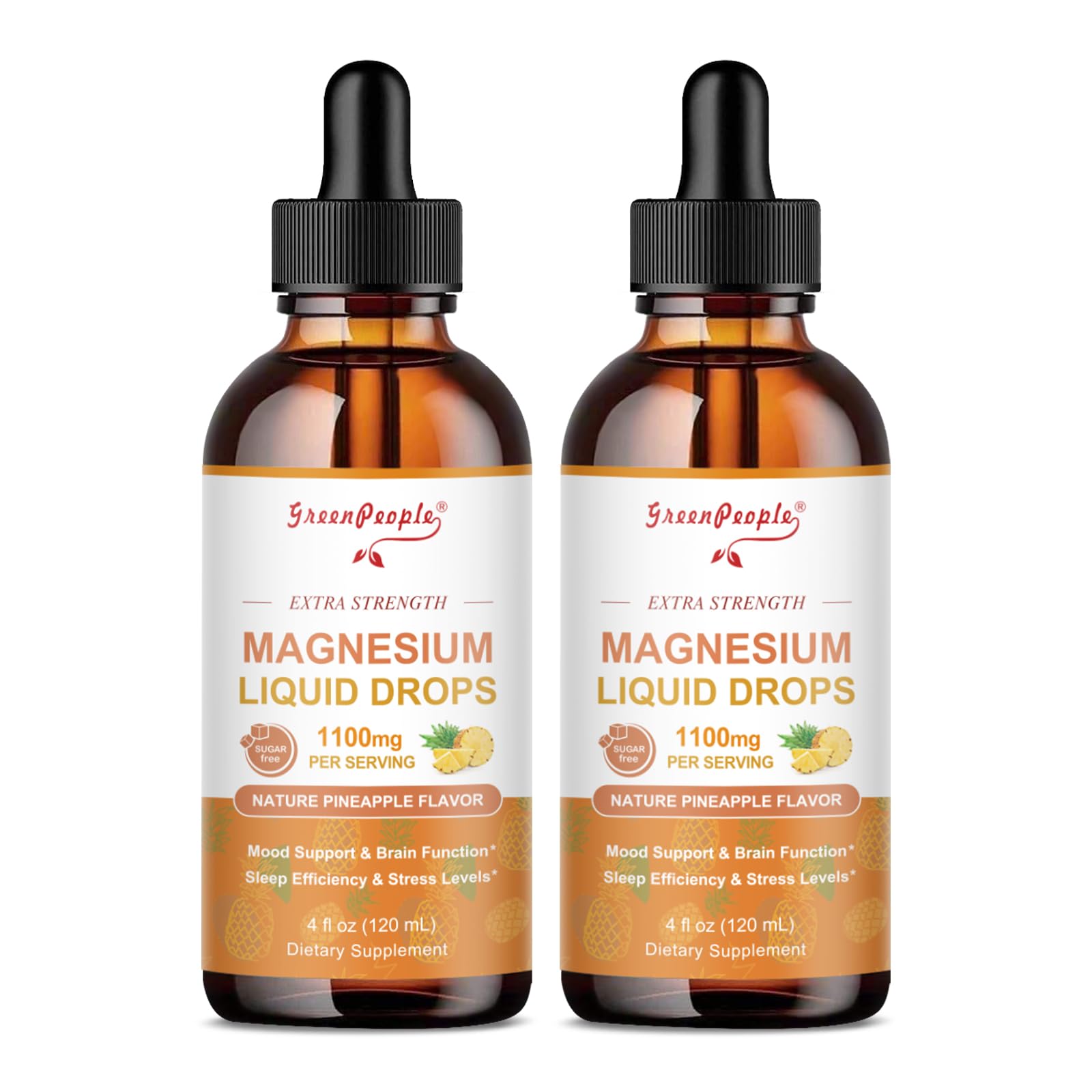 Two bottles of Green People magnesium liquid drops on a white background