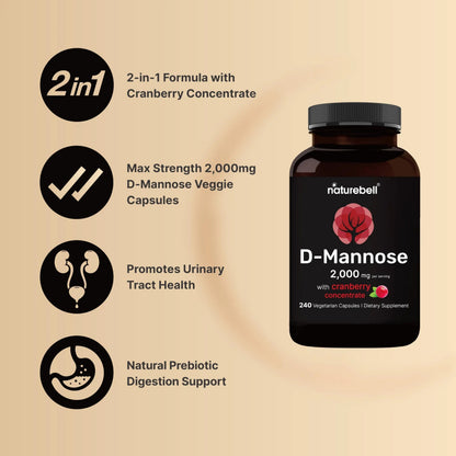 NatureBell D-Mannose 500mg Capsules (2,000mg Per Serving) | 240 Veggie Capsules + Cranberry Concentrate 40mg – Fast Acting Urinary Tract Health Pills – Ultra UTI Support for Women & Men NatureBellBuy Supplements Australia