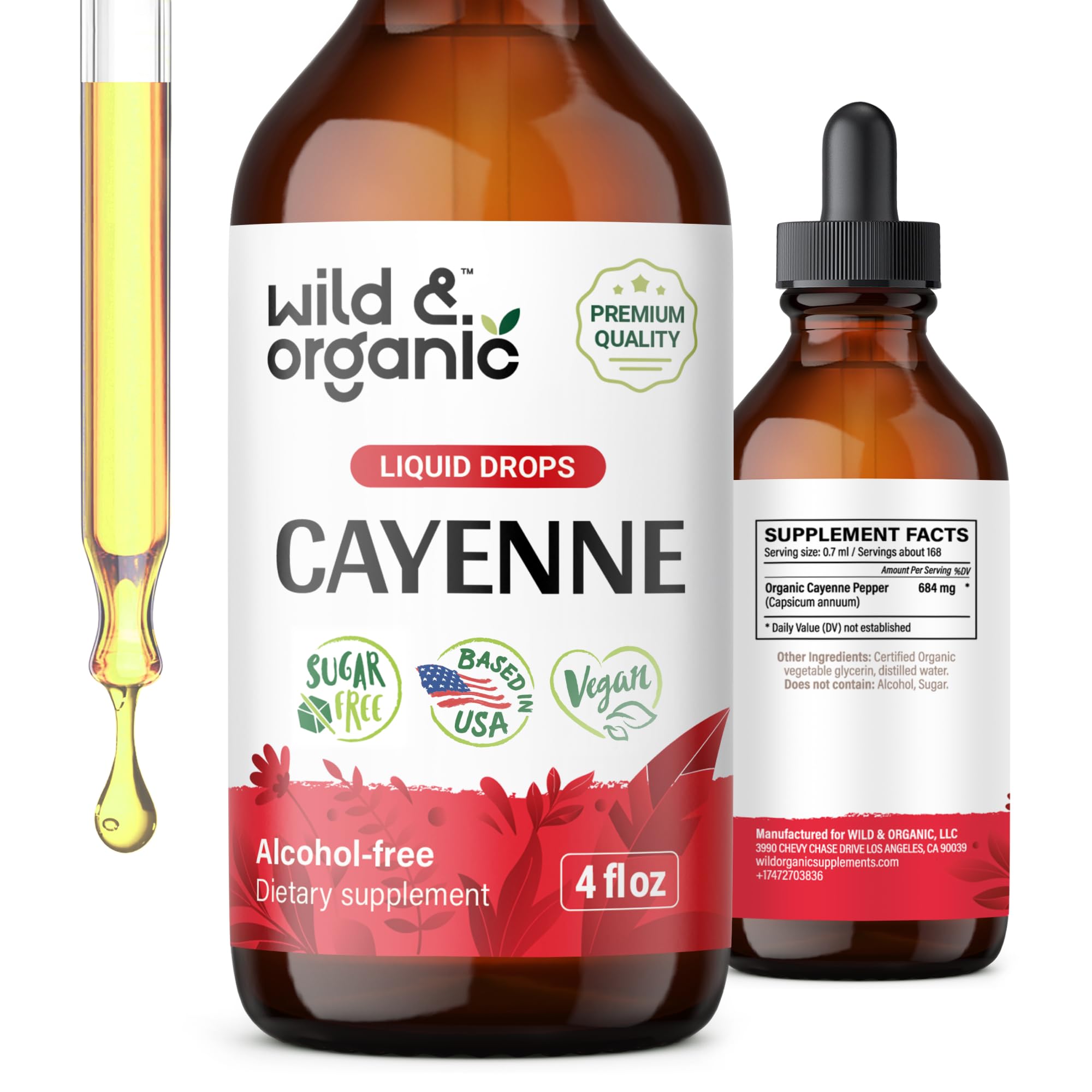 Two bottles of Wild & Organic Cayenne liquid drops on a white background