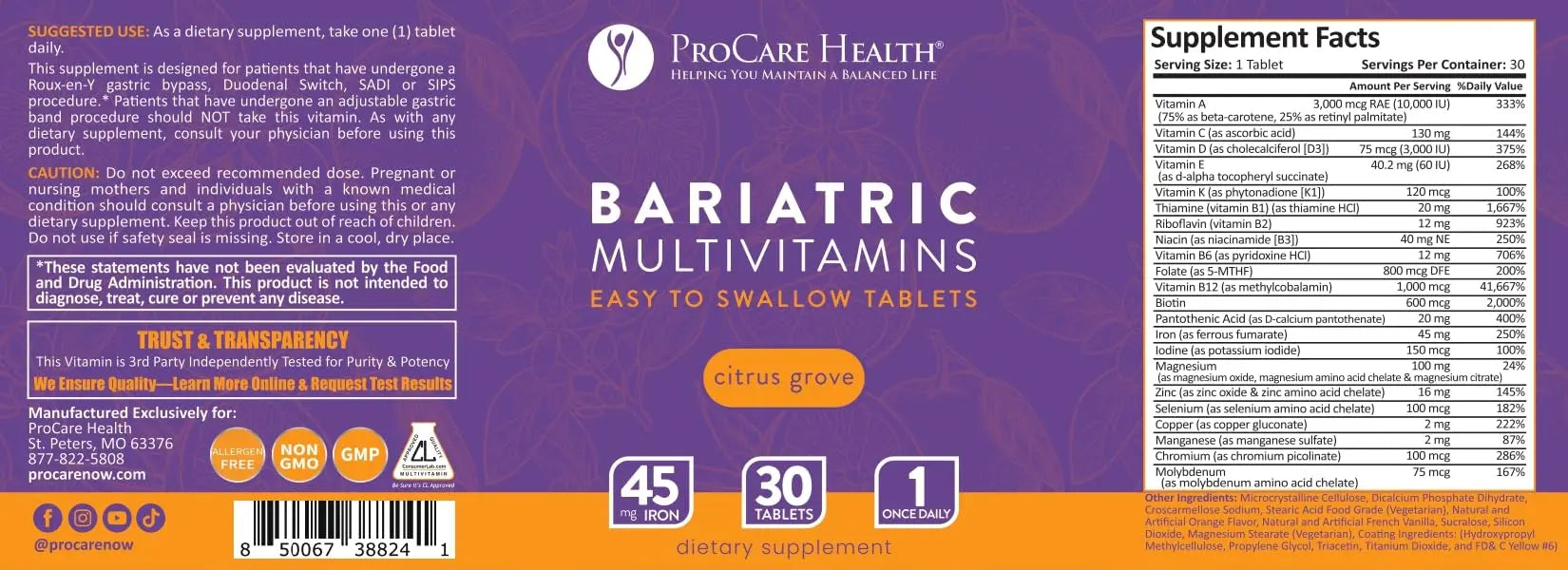 Procare Health Bariatric Multivitamin with Iron 45mg Easy to Swallow 30 Tablets - Post Op Bariatric Vitamins for Gastric Bypass Pills ProCare Health