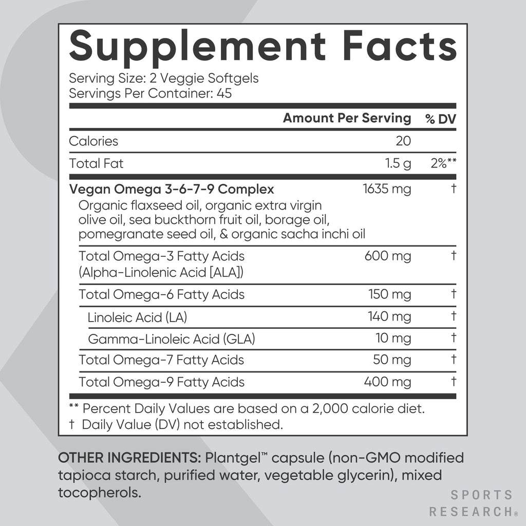 Sports Research® Vegan Omega 3-6-7-9 - 1200 mg of Multi-Spectrum Omega Fatty Acids Certified Non-GMO Formula with Sea Buckthorn & Borage Oil - 90 Veggie Softgels Sports Research buy supplements Au