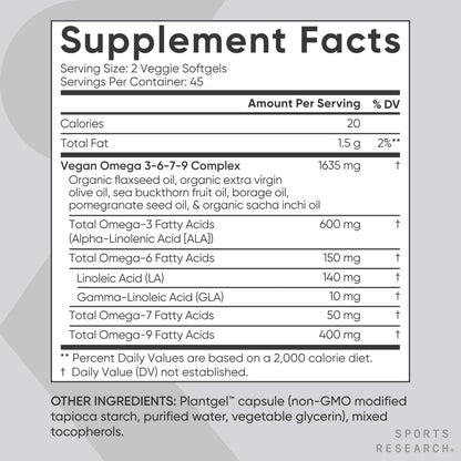 Sports Research® Vegan Omega 3-6-7-9 - 1200 mg of Multi-Spectrum Omega Fatty Acids Certified Non-GMO Formula with Sea Buckthorn & Borage Oil - 90 Veggie Softgels Sports Research buy supplements Au