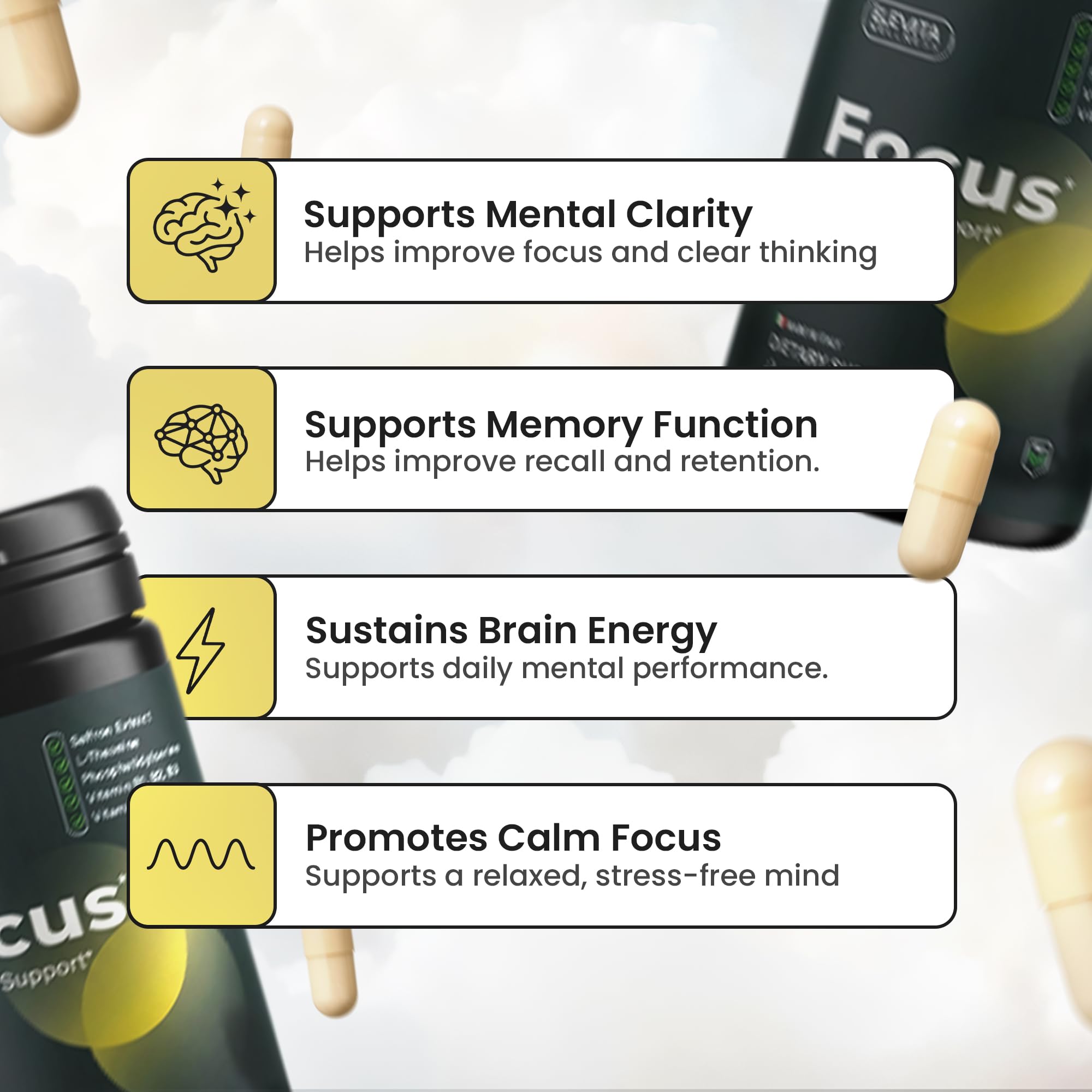 ELEVITA WELLNESS Focus Supplement (Made in Italy) | Premium Blend with L-Theanine, Lion's Mane & B Vitamins, Saffron and Vitamin D | Focus & Cognitive Support for Men & Women