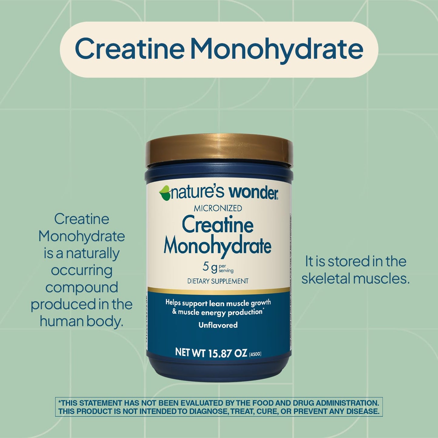 Nature's Wonder Micronized Creatine Monohydrate Powder 5g, Muscle Health, Muscle Energy Production, No Lactose, 5g of Micronized creatine Powder per Serving, 450G, 90 Servings