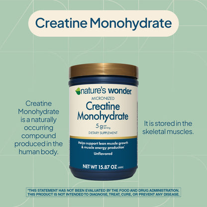 Nature's Wonder Micronized Creatine Monohydrate Powder 5g, Muscle Health, Muscle Energy Production, No Lactose, 5g of Micronized creatine Powder per Serving, 450G, 90 Servings