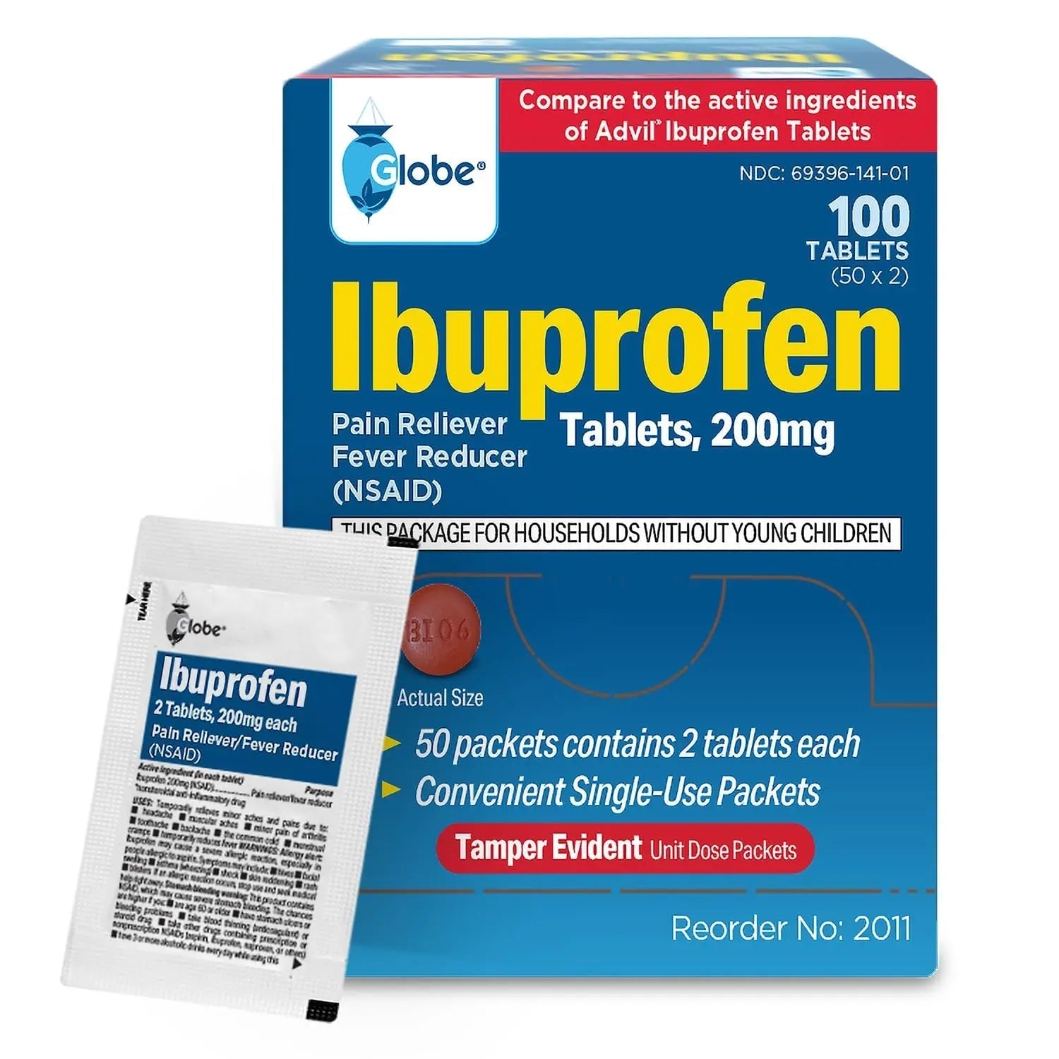 Globe Ibuprofen Tablets, 200 mg, Pain Reliever and Fever Reducer, for Headache, Muscular Aches, Arthritis, Backache and More 50 Packets of 2 Tablets Each,100 Tablets Trifecta Pharmaceuticals USABuy Supplements Australia