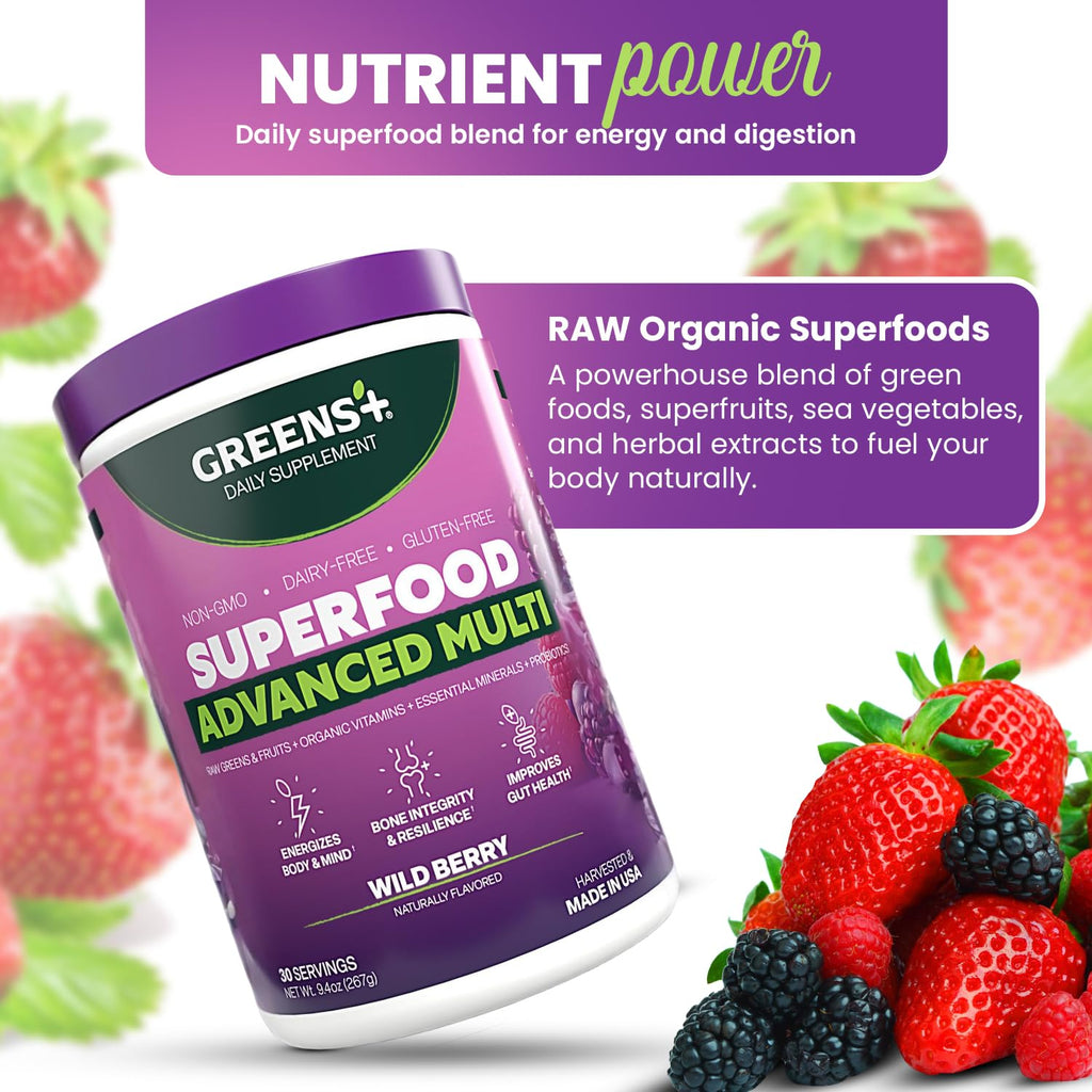 Greens+ Advanced Multi Wild Berry Superfood Powder, Organic Blend, Vegan, Non-GMO, Soy-Free, Dairy-Free, Gluten-Free, Dietary Supplement with Vitamins & Minerals, 9.4 oz Greens+ buy supplements Au
