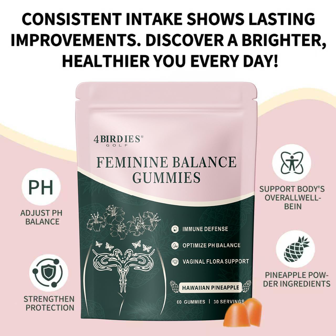 4 BIRDIES GOLF Premium Feminine Balance Gummies for Women's Health, Hawaiian Pineapple Gummies for Women Vaginal Probiotic & pH Balance Support - Vegan - Healthy Odor - Gluten-Free - 60 Count 4 BIRDIES GOLF buy supplements Au