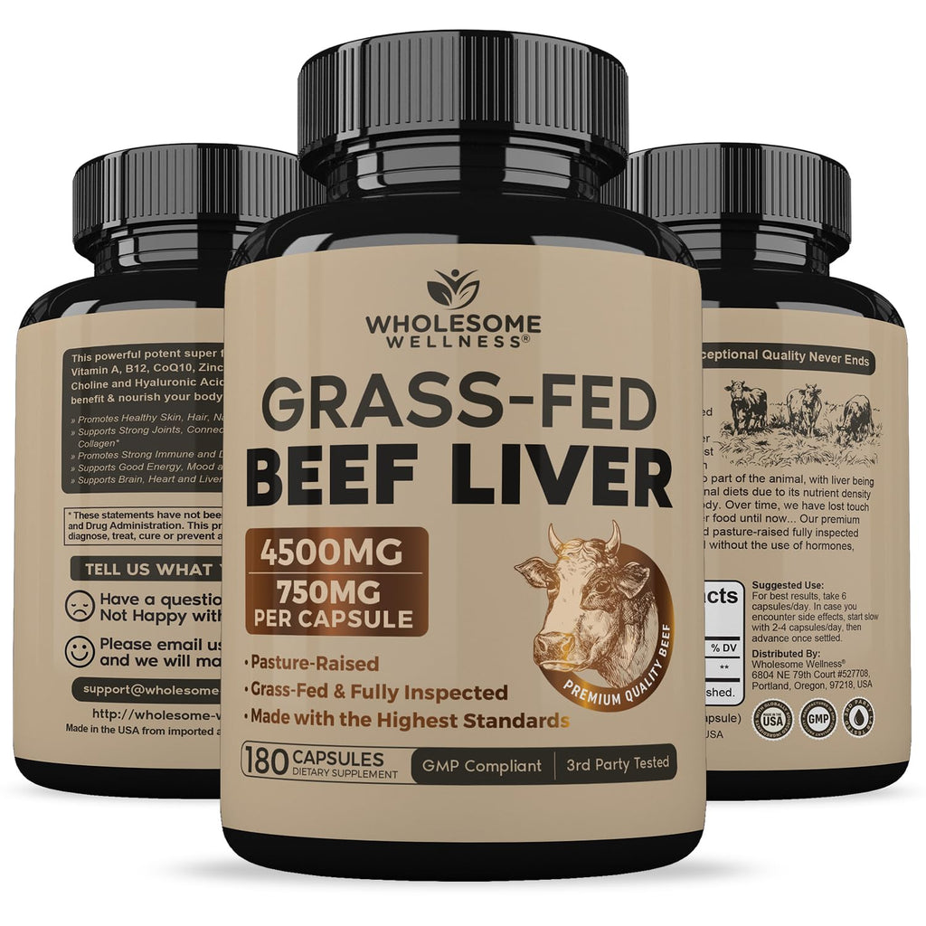 Wholesome Wellness Grass Fed Desiccated Beef Liver Capsules (180 Pills, 750mg Each) - Natural Iron, Vitamin A, B12 for Energy - Raised Undefatted in New Zealand