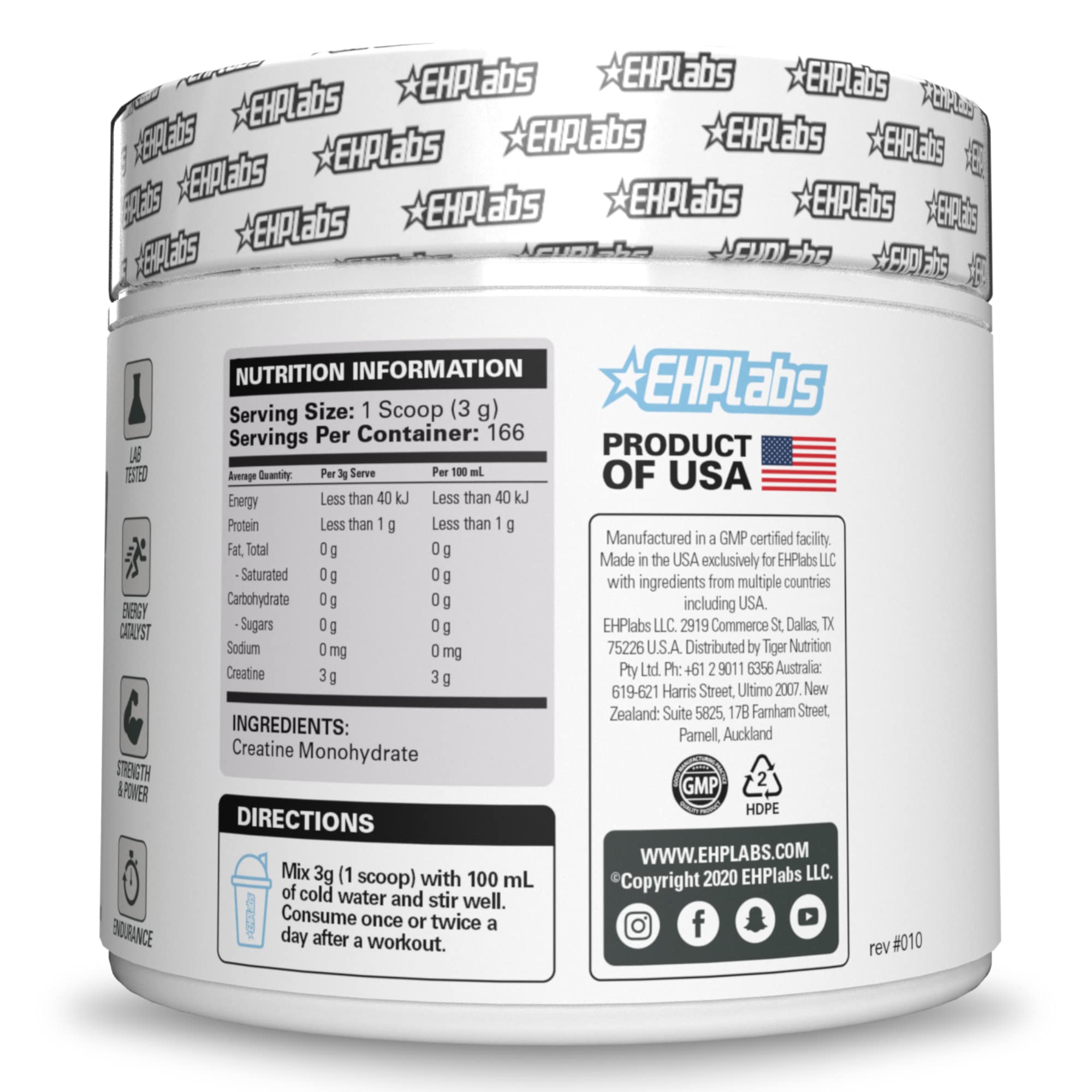EHP Labs CREA-8 Micronized Creatine Monohydrate Powder - Unflavored Creatine Powder for Muscle Growth, Increased Strength, Enhanced Energy Output