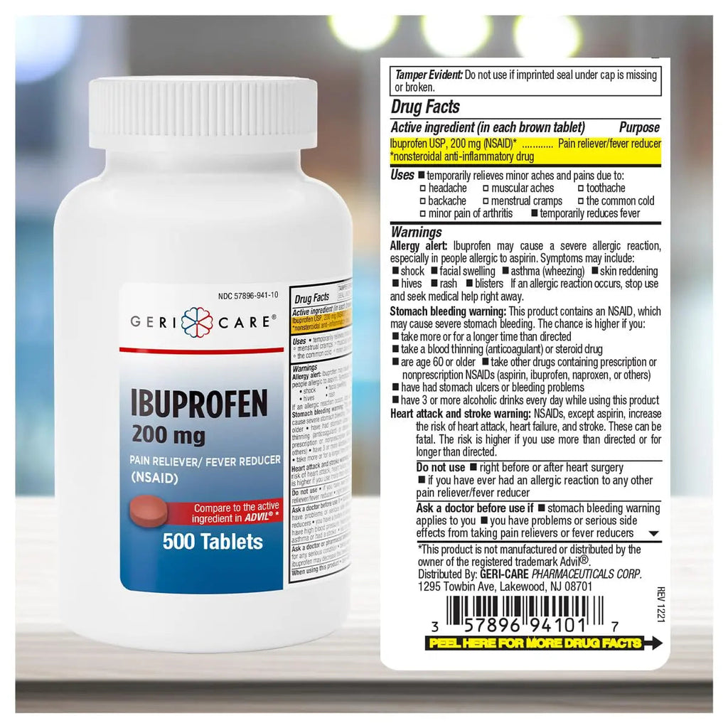 GeriCare Ibuprofen 200mg, Pain Reliever, Fever Reducer, Relieves Body Aches, 500 Count (Pack of 1) GeriCareBuy Supplements Australia