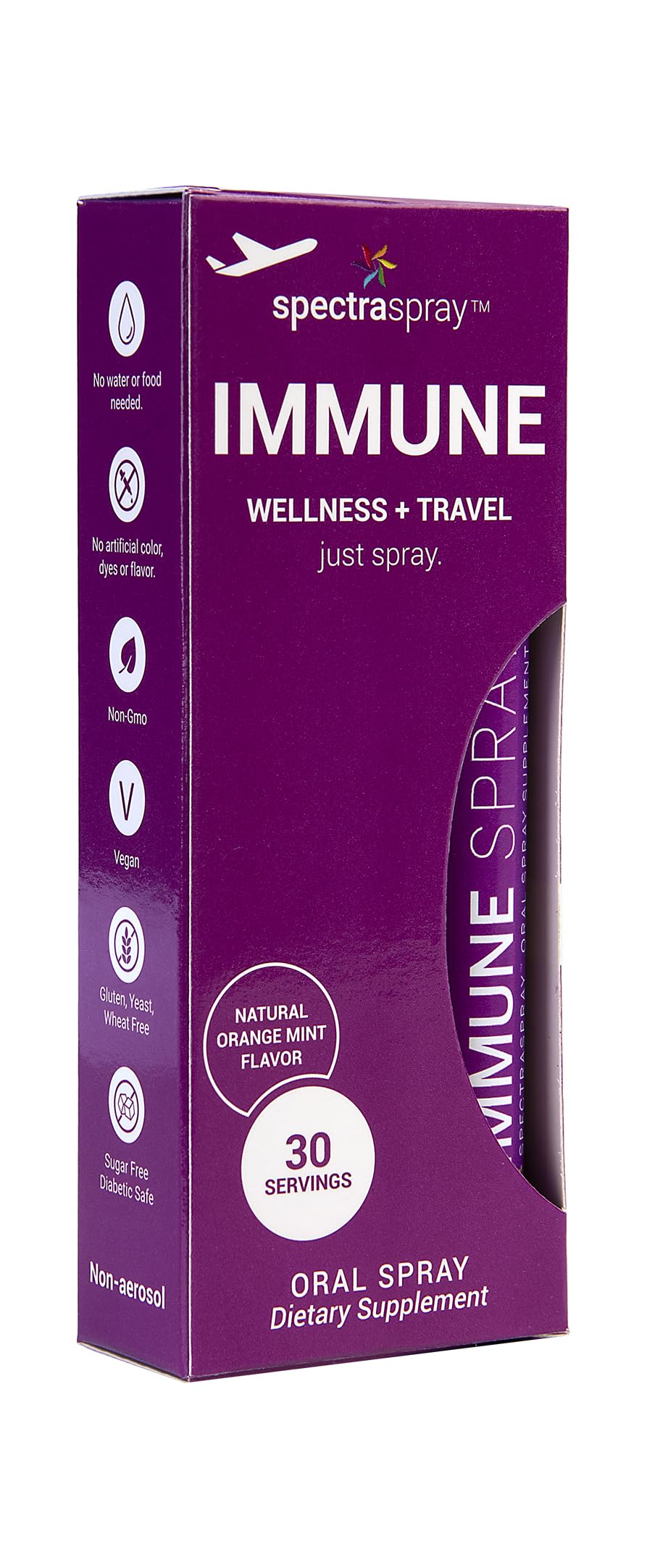 Purple SpectraSpray immune wellness and travel oral spray packaging on a white background