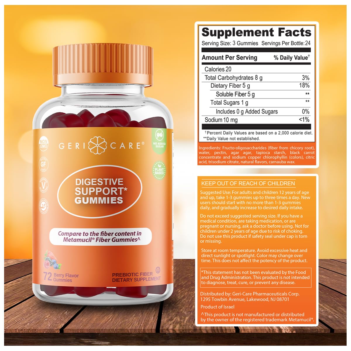 GeriCare Prebiotic Digestive Support, Gummies Compare to Metamucil Fiber Gummies, Berry Flavor, 72 Count, Plant-Based Fiber for Gut Health, Non-GMO,
