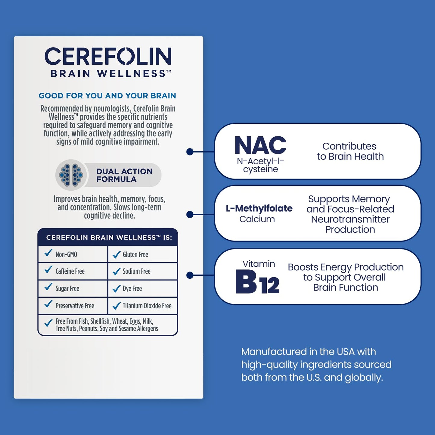 Cerefolin Brain Wellness, Targeted Nutrition for Cognitive Support, Improves Memory, Focus & Concentration, L-Methylfolate, NAC, B12, Neurologist Recommended (30 Count) Cerefolin buy supplements Au