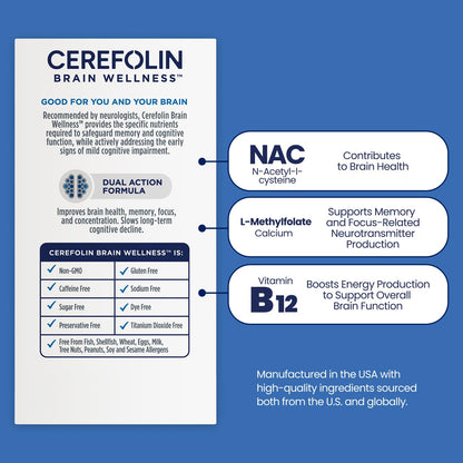 Cerefolin Brain Wellness, Targeted Nutrition for Cognitive Support, Improves Memory, Focus & Concentration, L-Methylfolate, NAC, B12, Neurologist Recommended (30 Count) Cerefolin buy supplements Au