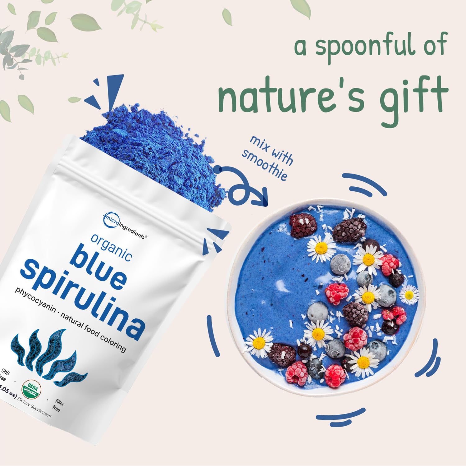 Organic Blue Spirulina Powder (Phycocyanin Extract), 30 Servings - No Fishy Smell, 100% Vegan Protein from Blue-Green Algae, Natural Luminous Food