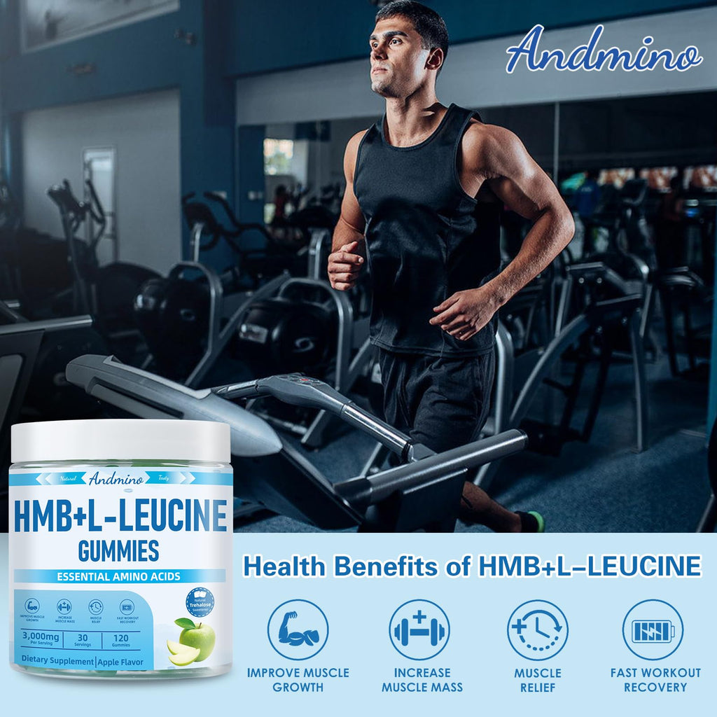 andmino HMB and L-Leucine Gummies, 3000mg, with Trehalose, for Muscle Growth, Muscle Relief and Workout Recovery, for Adults & Elder, Non-GMO