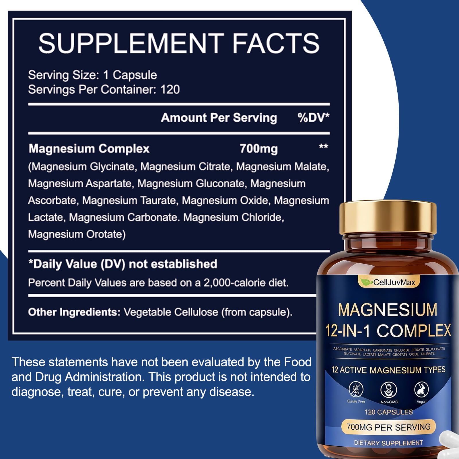 Magnesium 12-in-1 Complex 700mg, with Glycinate & Citrate, Vegan Supplement for Daily Wellness, 120 Capsules (1) WOJJ buy supplements Au