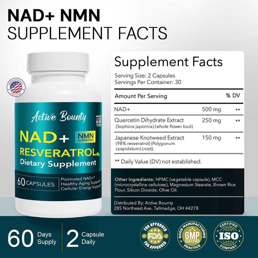 NAD+ Resveratrol Supplement with Quercetin – NMN Alternative for Cellular Energy Support, Focus & Healthy Aging – High Potency 500mg NAD+ Formula, Vegan, Non-GMO, Gluten-Free, Made in USA, 60 Capsules Active BountyBuy Supplements Australia
