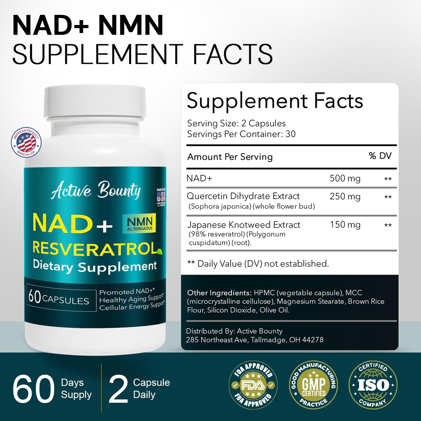 NAD+ Resveratrol Supplement with Quercetin – NMN Alternative for Cellular Energy Support, Focus & Healthy Aging – High Potency 500mg NAD+ Formula, Vegan, Non-GMO, Gluten-Free, Made in USA, 60 Capsules Active Bounty buy supplements Au