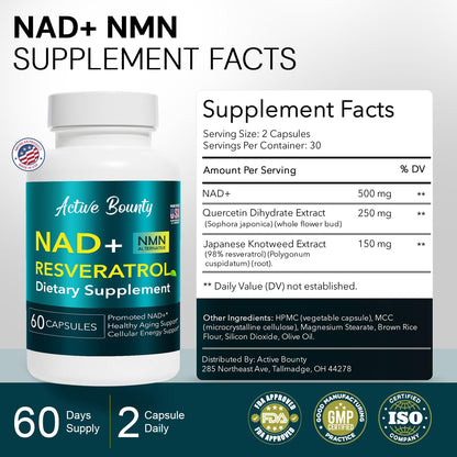 NAD+ Resveratrol Supplement with Quercetin – NMN Alternative for Cellular Energy Support, Focus & Healthy Aging – High Potency 500mg NAD+ Formula, Vegan, Non-GMO, Gluten-Free, Made in USA, 60 Capsules Active Bounty buy supplements Au