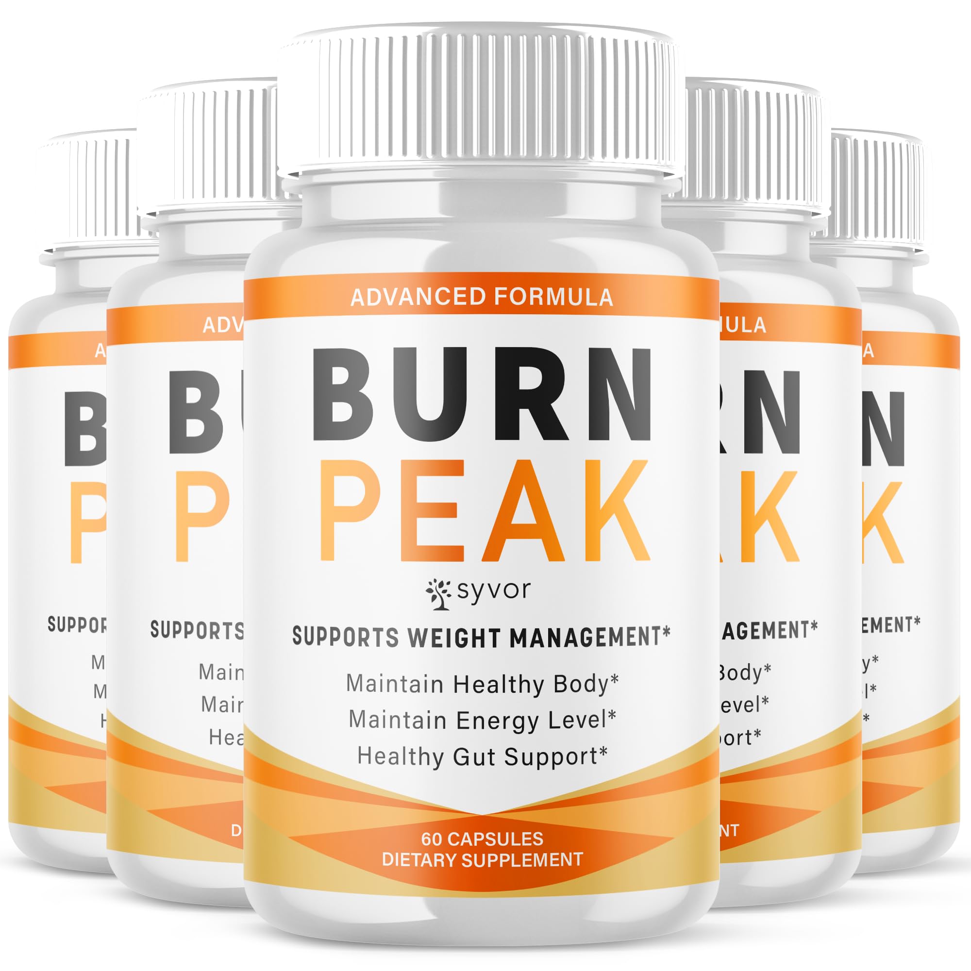 Multiple bottles of Burn Peak dietary supplement with white and orange labels on a white background.
