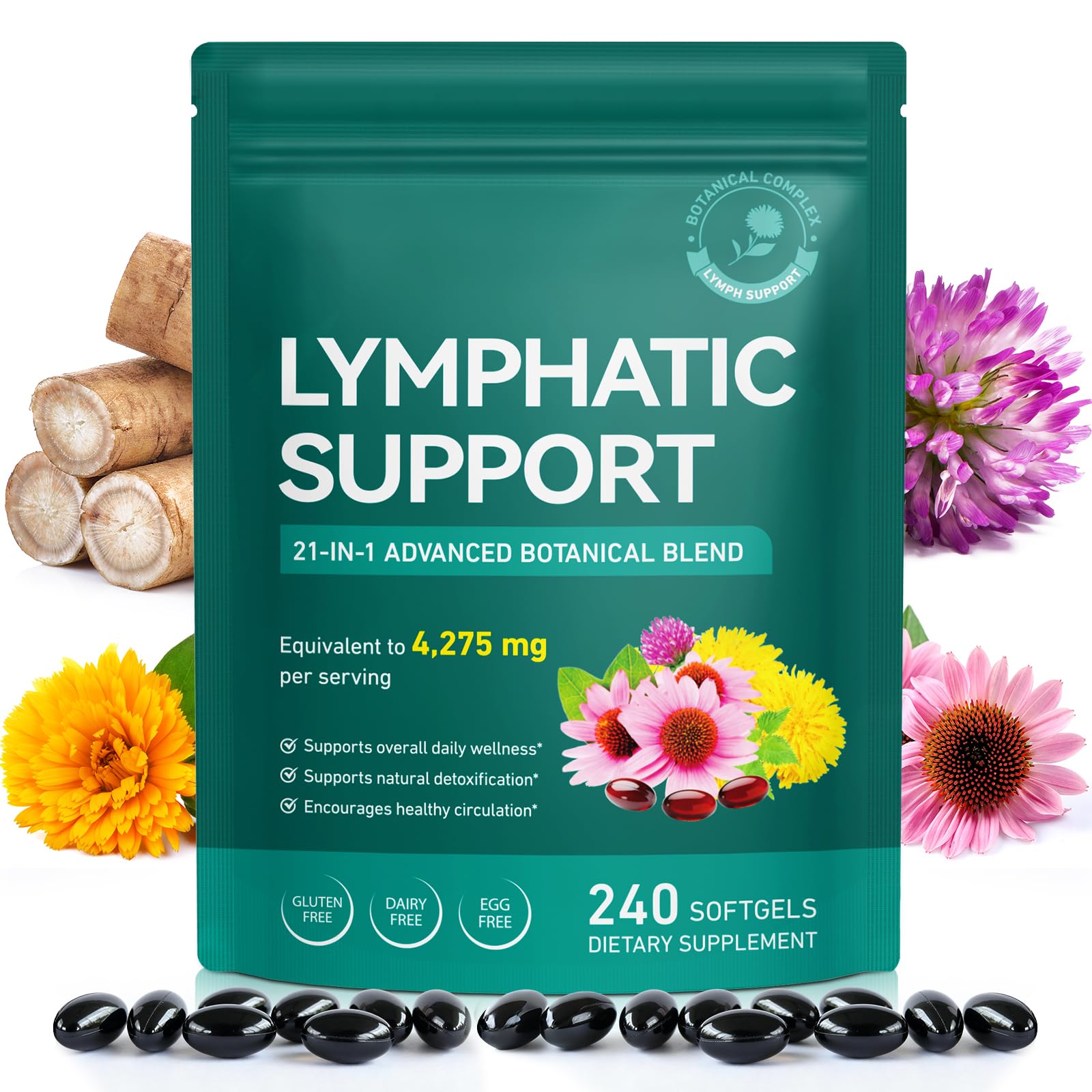 Lymphatic Drainage Supplement – 4,275 mg 21-in-1 Botanical Complex, Echinacea, Burdock Root, Red Clover, Elderberry & Dandelion, Supports Natural Detox & Healthy Circulation, 240 Softgels XINSZLIN buy supplements Au